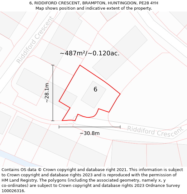 6, RIDDIFORD CRESCENT, BRAMPTON, HUNTINGDON, PE28 4YH: Plot and title map