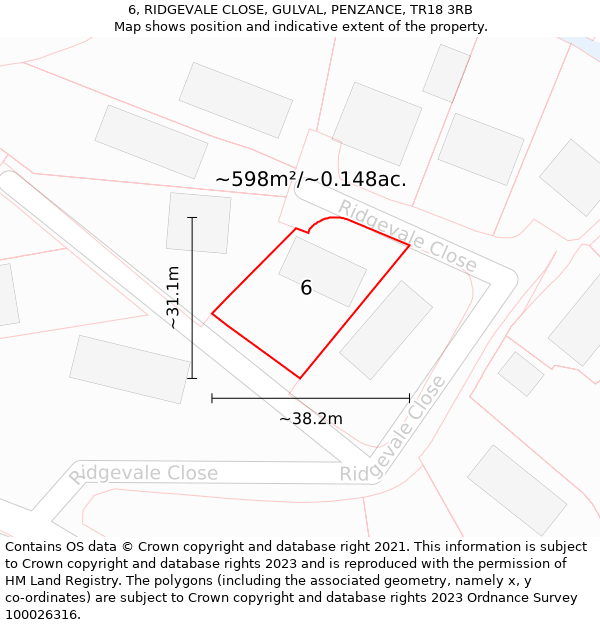 6, RIDGEVALE CLOSE, GULVAL, PENZANCE, TR18 3RB: Plot and title map