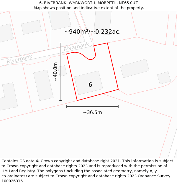 6, RIVERBANK, WARKWORTH, MORPETH, NE65 0UZ: Plot and title map