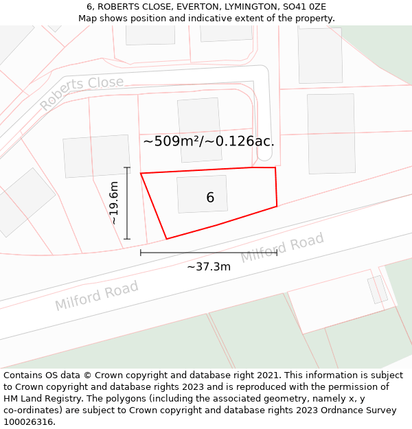 6, ROBERTS CLOSE, EVERTON, LYMINGTON, SO41 0ZE: Plot and title map