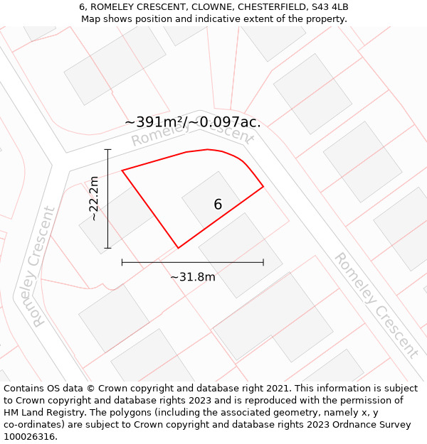 6, ROMELEY CRESCENT, CLOWNE, CHESTERFIELD, S43 4LB: Plot and title map