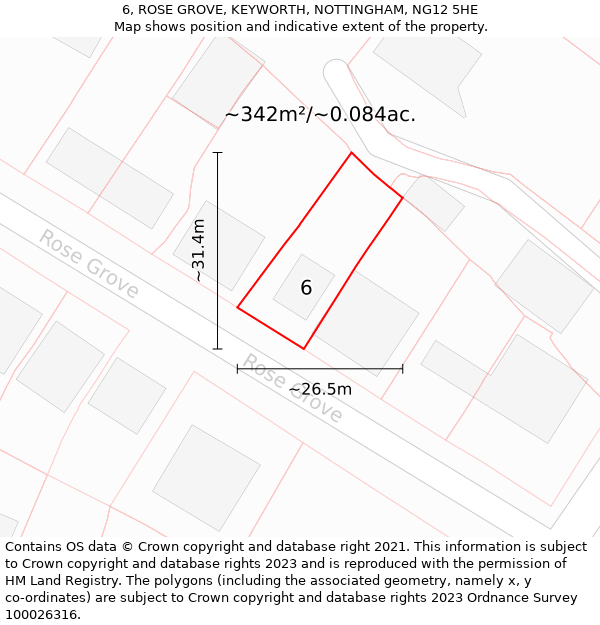 6, ROSE GROVE, KEYWORTH, NOTTINGHAM, NG12 5HE: Plot and title map