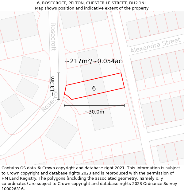 6, ROSECROFT, PELTON, CHESTER LE STREET, DH2 1NL: Plot and title map
