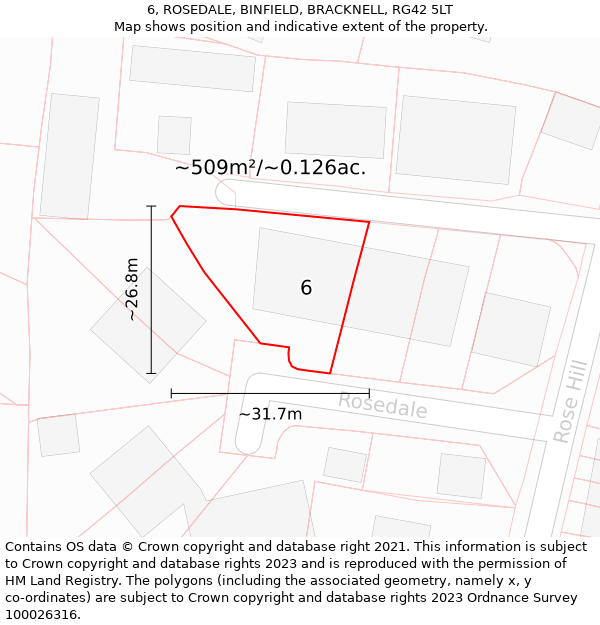 6, ROSEDALE, BINFIELD, BRACKNELL, RG42 5LT: Plot and title map