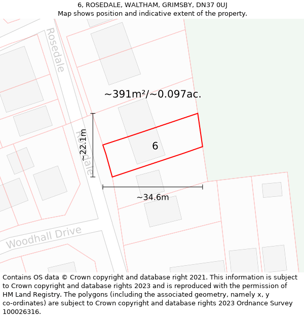 6, ROSEDALE, WALTHAM, GRIMSBY, DN37 0UJ: Plot and title map