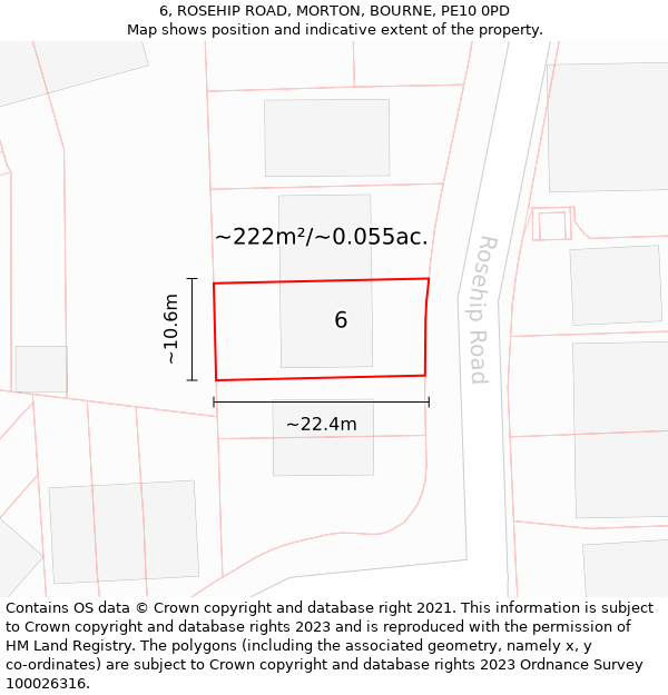 6, ROSEHIP ROAD, MORTON, BOURNE, PE10 0PD: Plot and title map