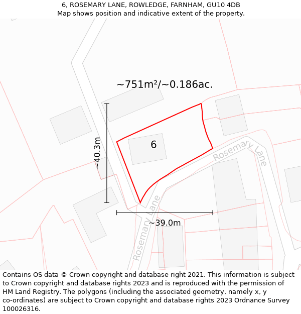 6, ROSEMARY LANE, ROWLEDGE, FARNHAM, GU10 4DB: Plot and title map