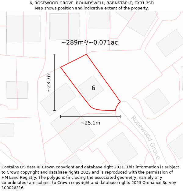 6, ROSEWOOD GROVE, ROUNDSWELL, BARNSTAPLE, EX31 3SD: Plot and title map