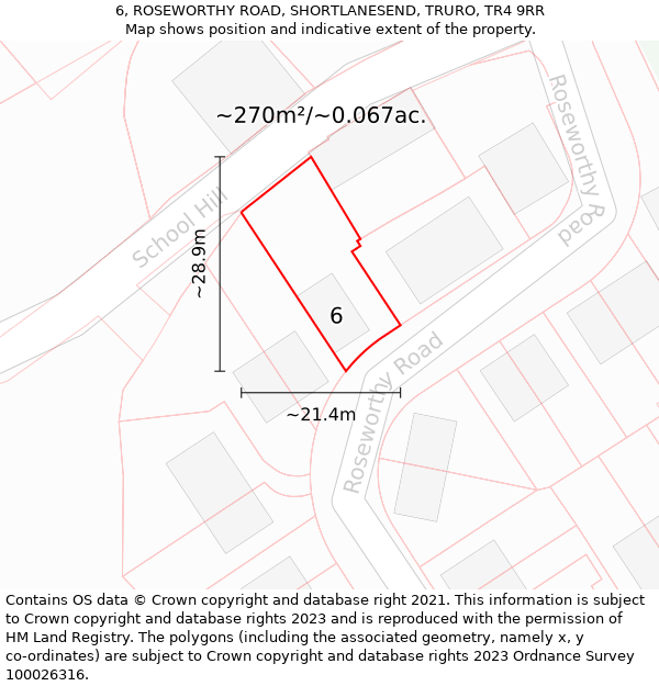 6, ROSEWORTHY ROAD, SHORTLANESEND, TRURO, TR4 9RR: Plot and title map