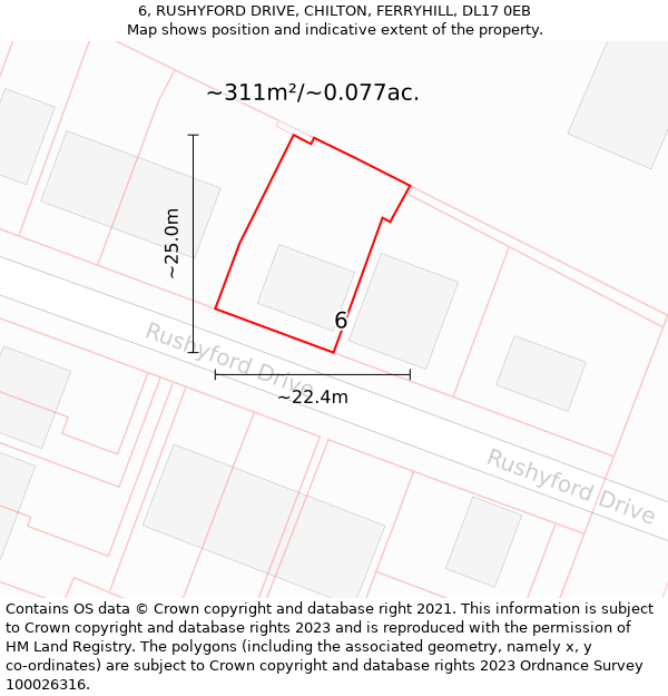 6, RUSHYFORD DRIVE, CHILTON, FERRYHILL, DL17 0EB: Plot and title map