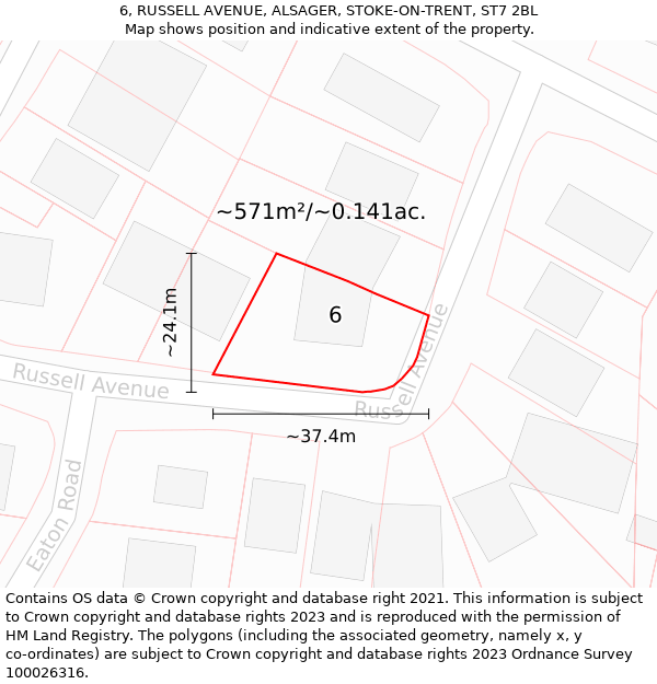 6, RUSSELL AVENUE, ALSAGER, STOKE-ON-TRENT, ST7 2BL: Plot and title map