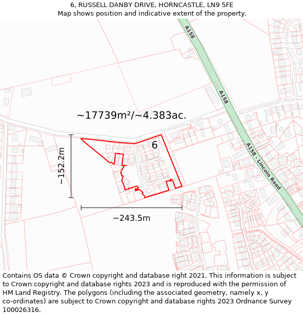 6, RUSSELL DANBY DRIVE, HORNCASTLE, LN9 5FE: Plot and title map