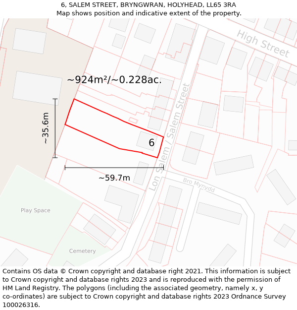 6, SALEM STREET, BRYNGWRAN, HOLYHEAD, LL65 3RA: Plot and title map