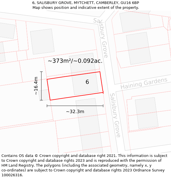 6, SALISBURY GROVE, MYTCHETT, CAMBERLEY, GU16 6BP: Plot and title map