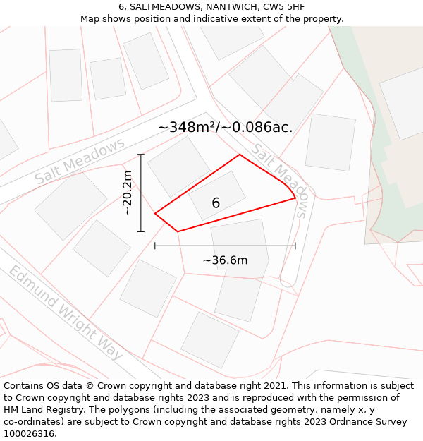 6, SALTMEADOWS, NANTWICH, CW5 5HF: Plot and title map