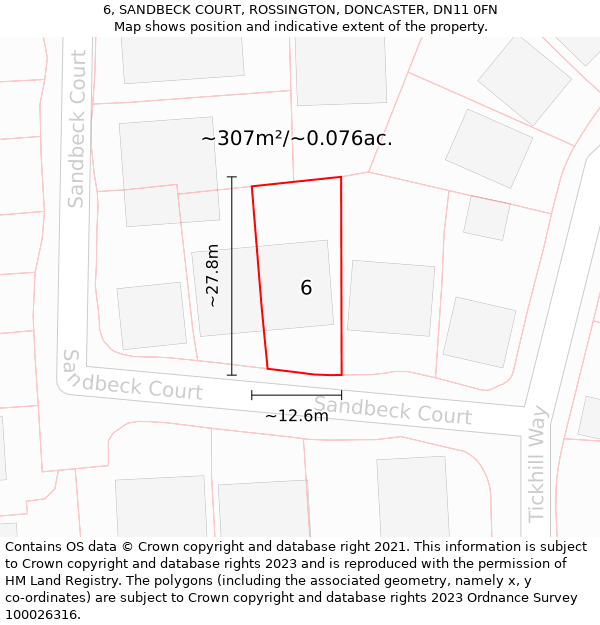 6, SANDBECK COURT, ROSSINGTON, DONCASTER, DN11 0FN: Plot and title map