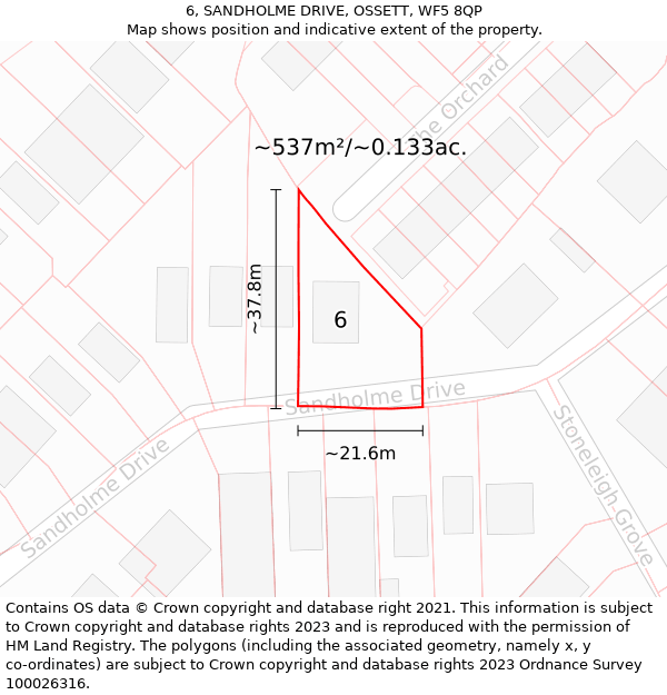 6, SANDHOLME DRIVE, OSSETT, WF5 8QP: Plot and title map