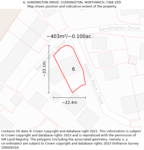 6, SANDINGTON DRIVE, CUDDINGTON, NORTHWICH, CW8 2ZD: Plot and title map