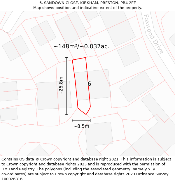 6, SANDOWN CLOSE, KIRKHAM, PRESTON, PR4 2EE: Plot and title map