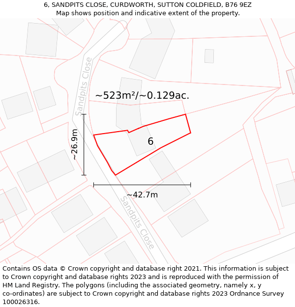 6, SANDPITS CLOSE, CURDWORTH, SUTTON COLDFIELD, B76 9EZ: Plot and title map