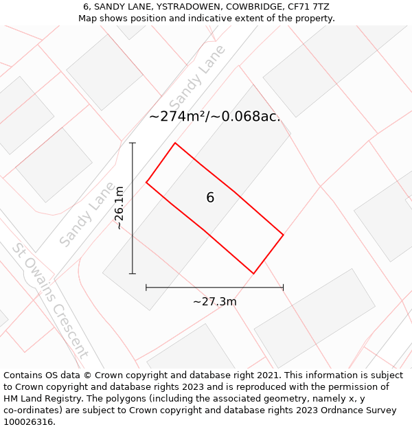 6, SANDY LANE, YSTRADOWEN, COWBRIDGE, CF71 7TZ: Plot and title map