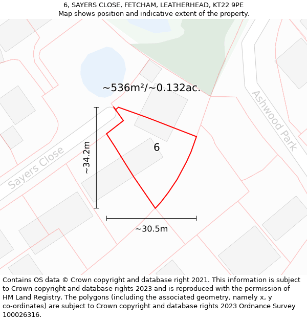 6, SAYERS CLOSE, FETCHAM, LEATHERHEAD, KT22 9PE: Plot and title map