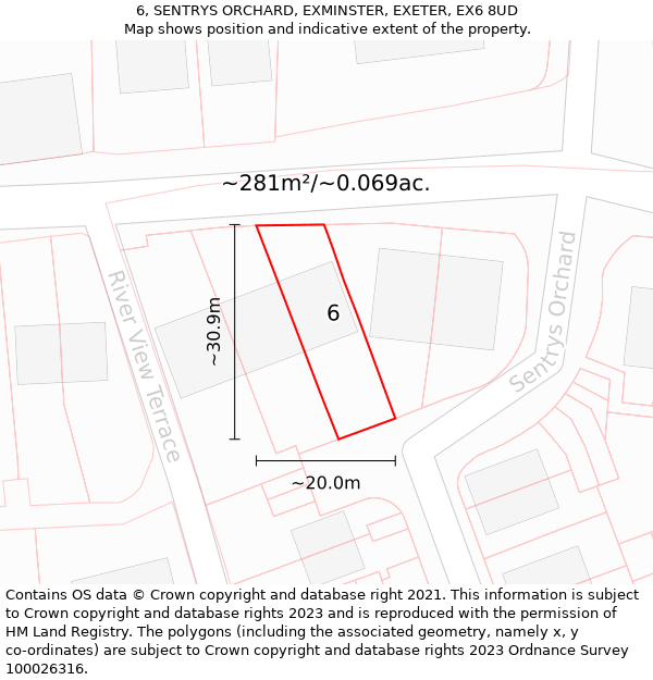 6, SENTRYS ORCHARD, EXMINSTER, EXETER, EX6 8UD: Plot and title map