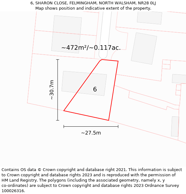 6, SHARON CLOSE, FELMINGHAM, NORTH WALSHAM, NR28 0LJ: Plot and title map