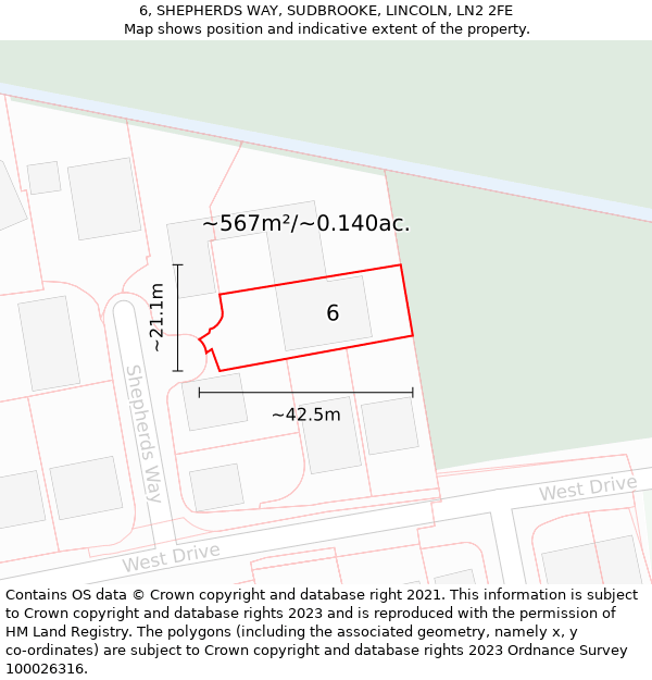 6, SHEPHERDS WAY, SUDBROOKE, LINCOLN, LN2 2FE: Plot and title map