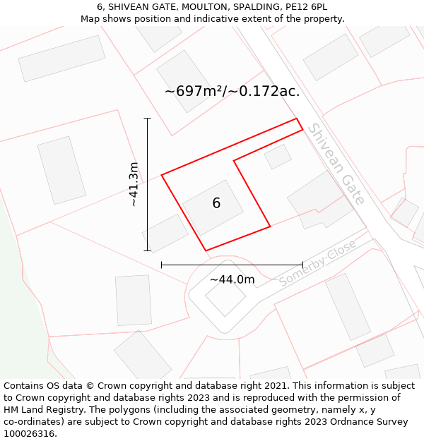 6, SHIVEAN GATE, MOULTON, SPALDING, PE12 6PL: Plot and title map