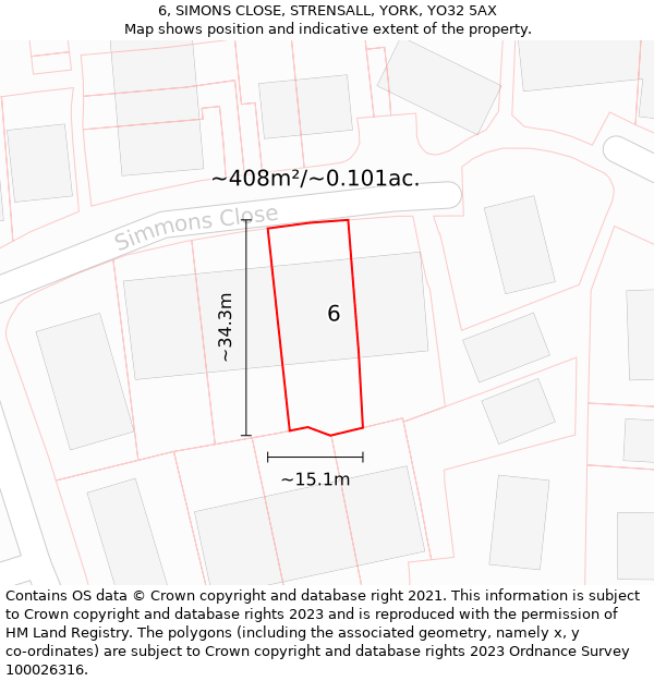 6, SIMONS CLOSE, STRENSALL, YORK, YO32 5AX: Plot and title map