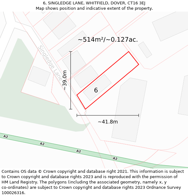 6, SINGLEDGE LANE, WHITFIELD, DOVER, CT16 3EJ: Plot and title map