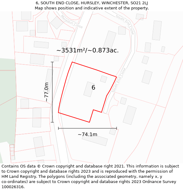 6, SOUTH END CLOSE, HURSLEY, WINCHESTER, SO21 2LJ: Plot and title map