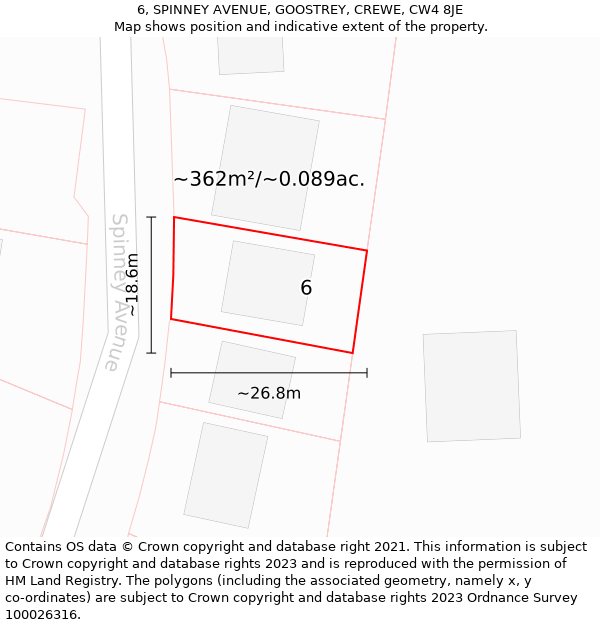 6, SPINNEY AVENUE, GOOSTREY, CREWE, CW4 8JE: Plot and title map