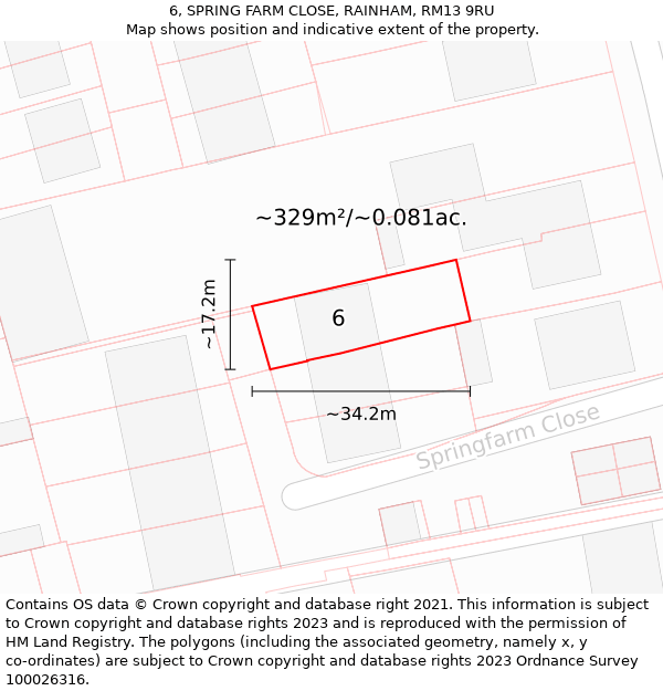 6, SPRING FARM CLOSE, RAINHAM, RM13 9RU: Plot and title map