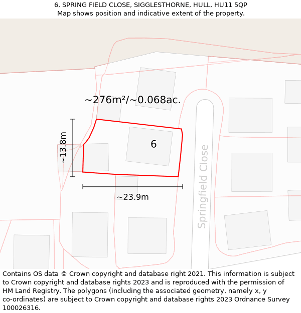 6, SPRING FIELD CLOSE, SIGGLESTHORNE, HULL, HU11 5QP: Plot and title map