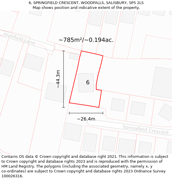 6, SPRINGFIELD CRESCENT, WOODFALLS, SALISBURY, SP5 2LS: Plot and title map