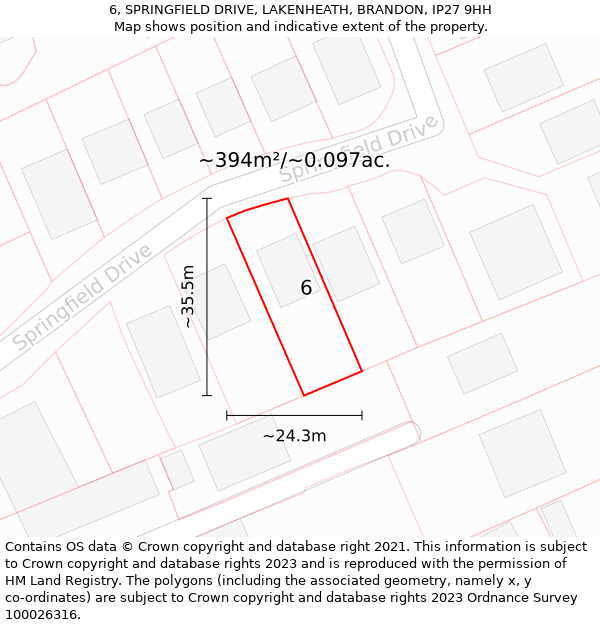 6, SPRINGFIELD DRIVE, LAKENHEATH, BRANDON, IP27 9HH: Plot and title map