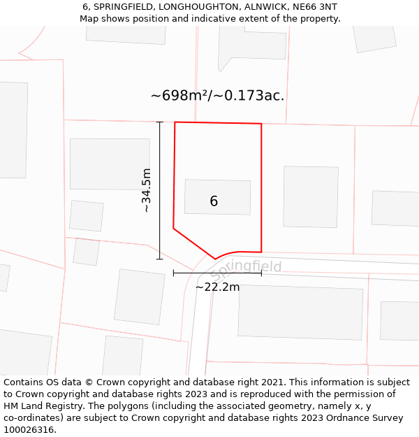 6, SPRINGFIELD, LONGHOUGHTON, ALNWICK, NE66 3NT: Plot and title map