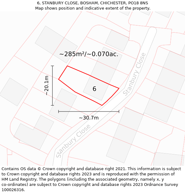 6, STANBURY CLOSE, BOSHAM, CHICHESTER, PO18 8NS: Plot and title map