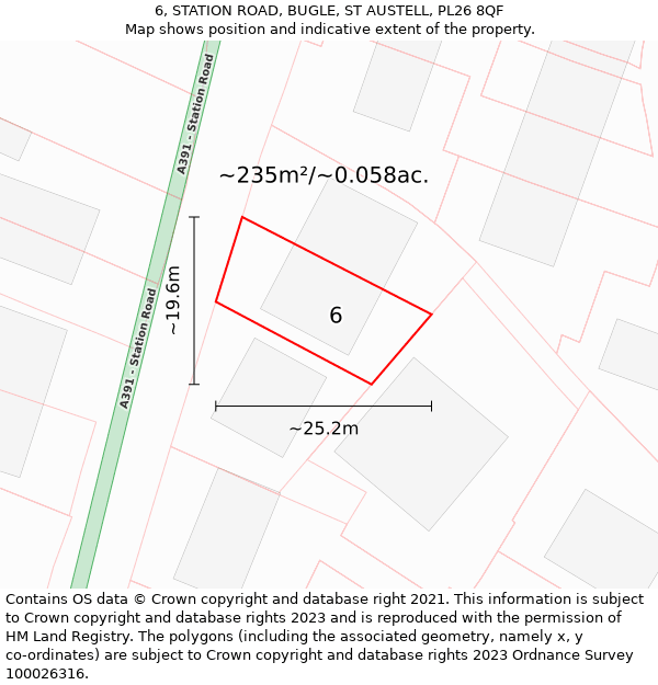 6, STATION ROAD, BUGLE, ST AUSTELL, PL26 8QF: Plot and title map