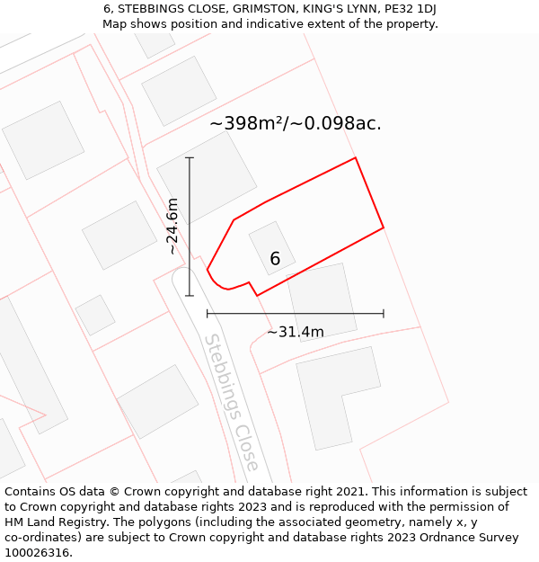 6, STEBBINGS CLOSE, GRIMSTON, KING'S LYNN, PE32 1DJ: Plot and title map