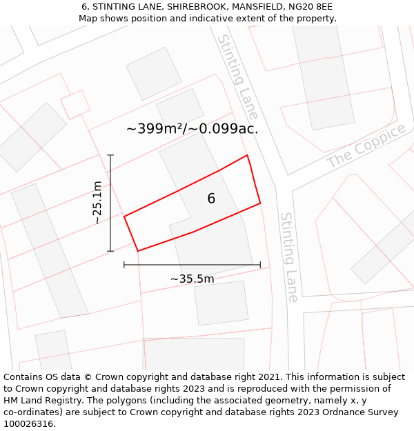 6, STINTING LANE, SHIREBROOK, MANSFIELD, NG20 8EE: Plot and title map