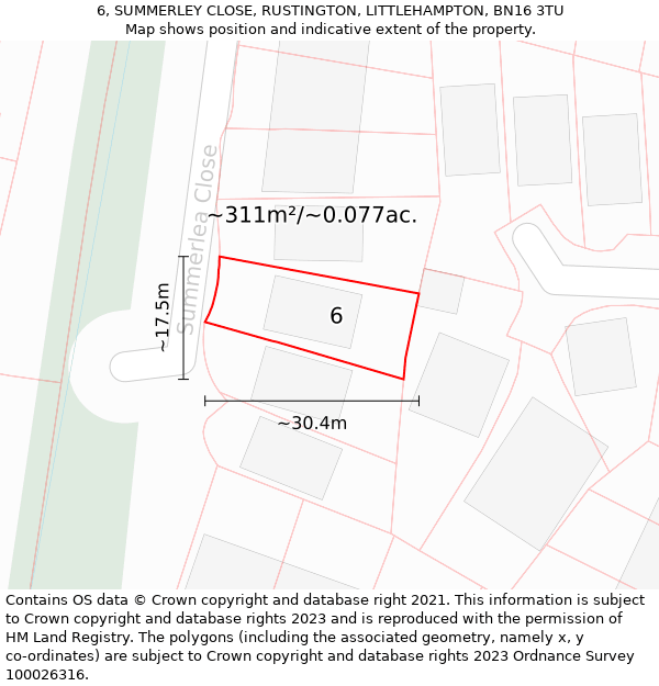 6, SUMMERLEY CLOSE, RUSTINGTON, LITTLEHAMPTON, BN16 3TU: Plot and title map