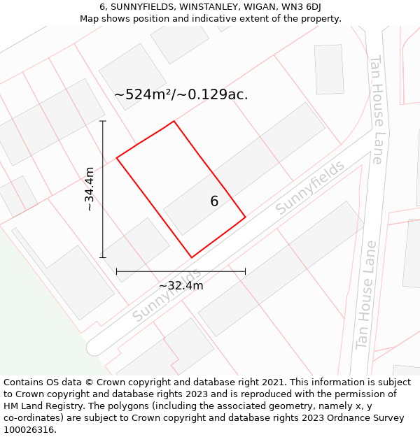 6, SUNNYFIELDS, WINSTANLEY, WIGAN, WN3 6DJ: Plot and title map