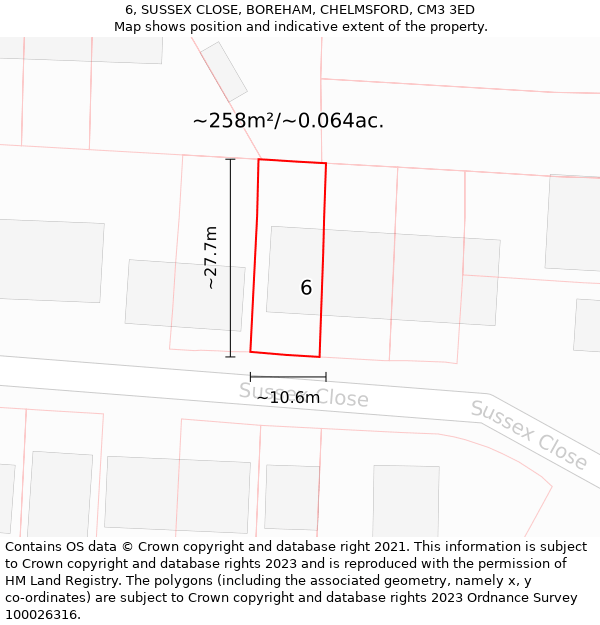 6, SUSSEX CLOSE, BOREHAM, CHELMSFORD, CM3 3ED: Plot and title map