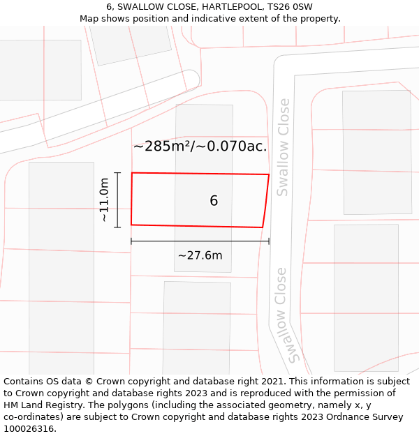 6, SWALLOW CLOSE, HARTLEPOOL, TS26 0SW: Plot and title map