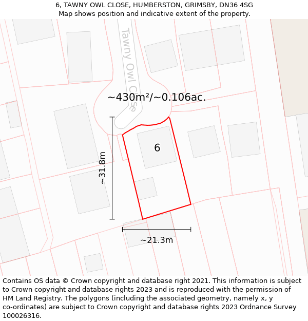 6, TAWNY OWL CLOSE, HUMBERSTON, GRIMSBY, DN36 4SG: Plot and title map