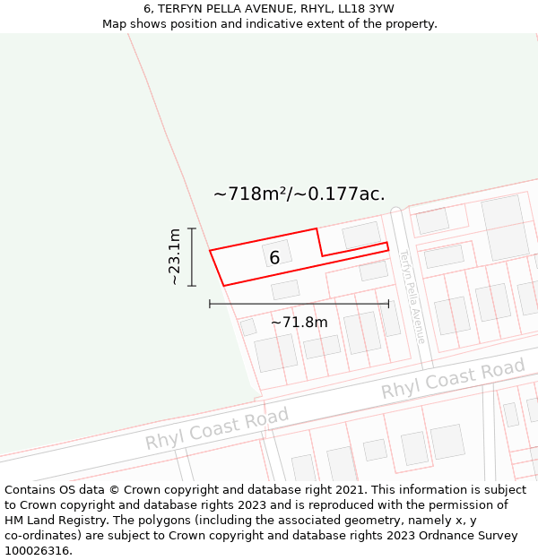 6, TERFYN PELLA AVENUE, RHYL, LL18 3YW: Plot and title map