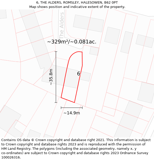 6, THE ALDERS, ROMSLEY, HALESOWEN, B62 0PT: Plot and title map